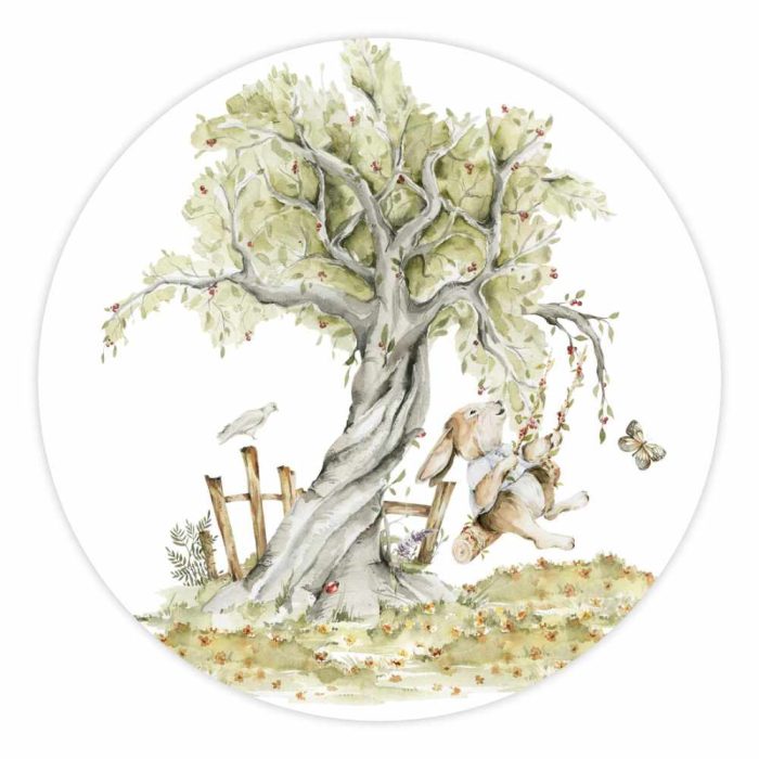 muurcirkel-woodlandwalk-konijn Muurcirkel Boswandeling | Konijn op schommel | Ø 20 en 30 cm - Afbeelding 1