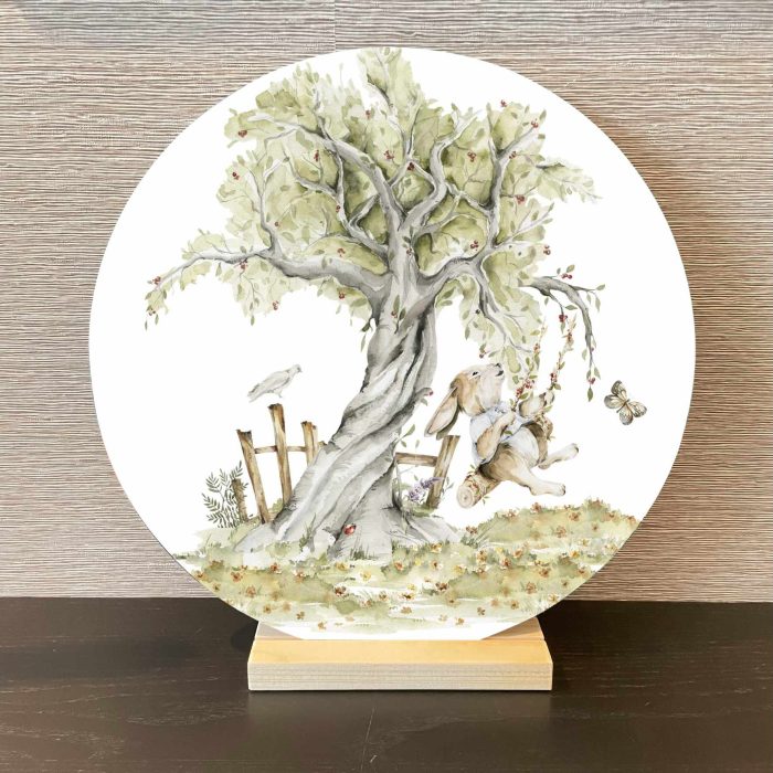 muurcirkel-woodlandwalk-konijn-kidzstijl Muurcirkel Boswandeling | Konijn op schommel | Ø 20 en 30 cm - Afbeelding 2